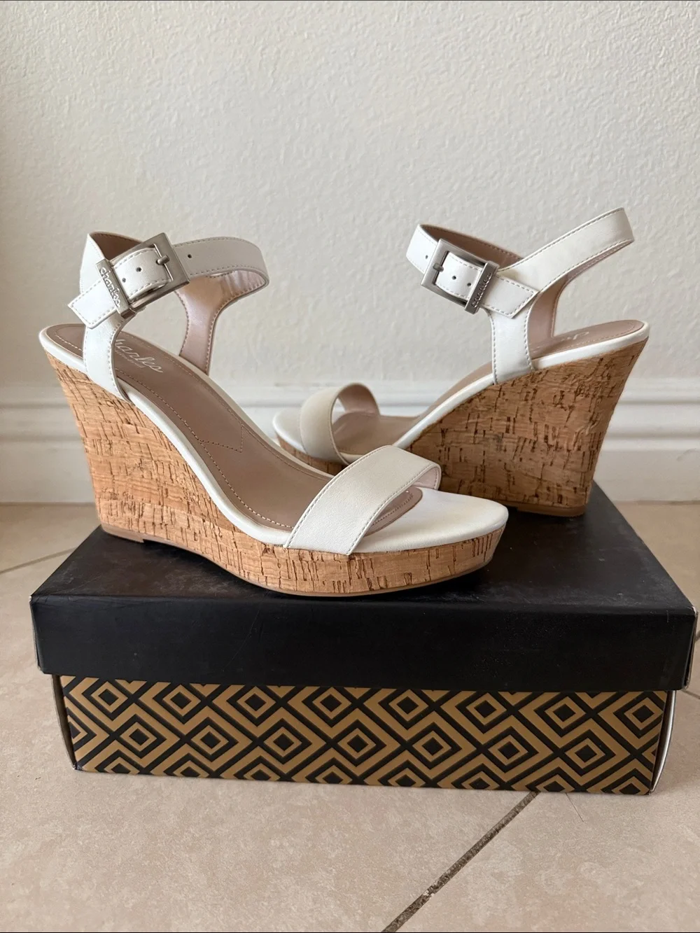 New Charles by Charles David White Cork Wedge Sandals